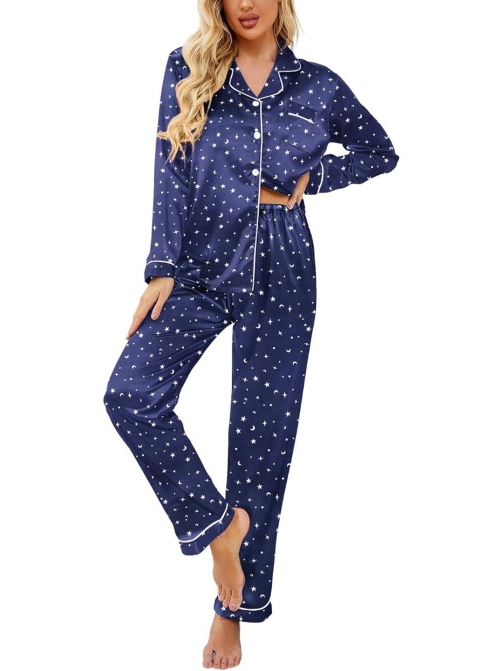 Silky Satin Pajama Set for Women - Classic Button Down PJs, Comfortable
